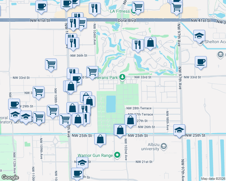 map of restaurants, bars, coffee shops, grocery stores, and more near 3129 Northwest 102nd Path in Doral