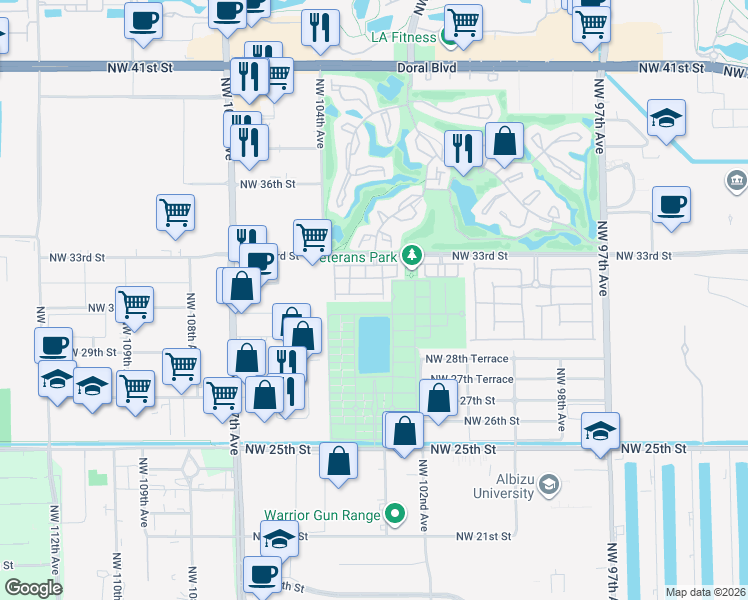 map of restaurants, bars, coffee shops, grocery stores, and more near 3129 Northwest 102nd Path in Doral