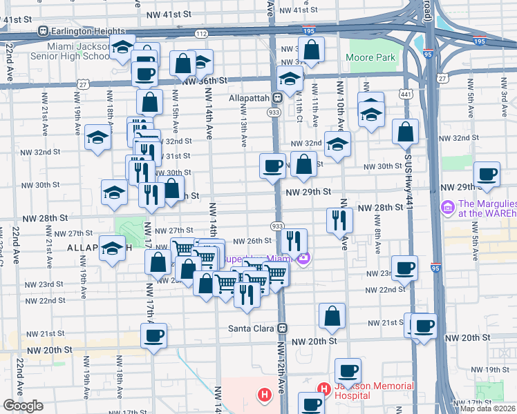 map of restaurants, bars, coffee shops, grocery stores, and more near 1278 Northwest 29th Street in Miami
