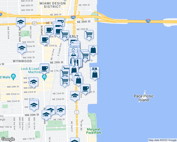 map of restaurants, bars, coffee shops, grocery stores, and more near 511 Northeast 27th Street in Miami