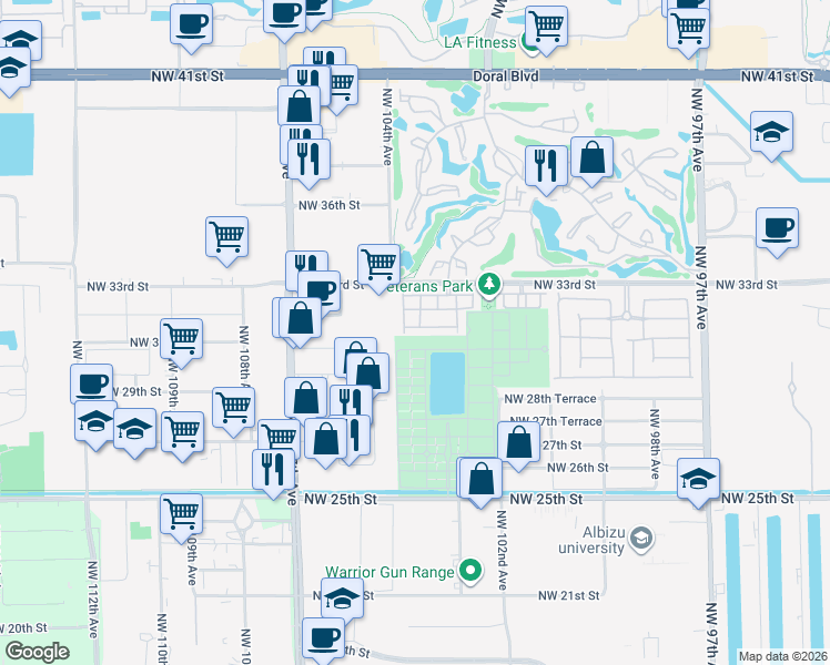 map of restaurants, bars, coffee shops, grocery stores, and more near 10382 Northwest 30th Terrace in Doral