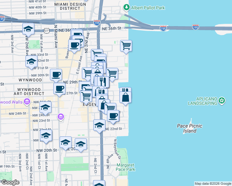 map of restaurants, bars, coffee shops, grocery stores, and more near 511 Northeast 27th Street in Miami