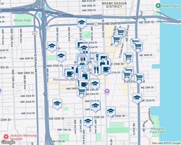map of restaurants, bars, coffee shops, grocery stores, and more near 111 Northwest 28th Street in Miami