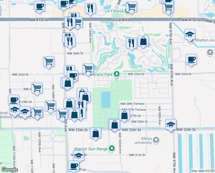 map of restaurants, bars, coffee shops, grocery stores, and more near 3129 Northwest 102nd Path in Doral