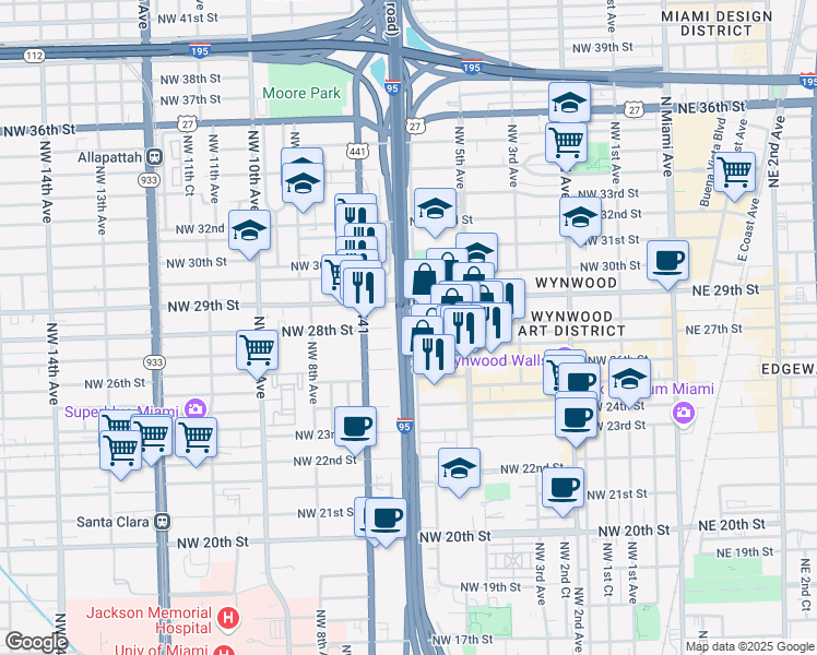 map of restaurants, bars, coffee shops, grocery stores, and more near Interstate 95 in Miami