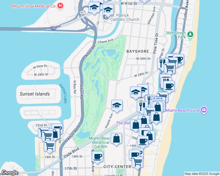 map of restaurants, bars, coffee shops, grocery stores, and more near 2455 Meridian Avenue in Miami Beach