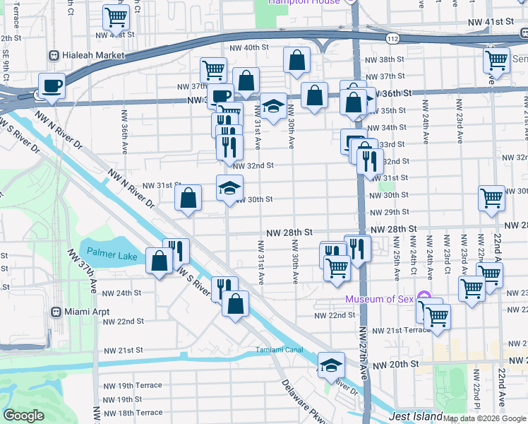 map of restaurants, bars, coffee shops, grocery stores, and more near 3066 Northwest 30th Street in Miami