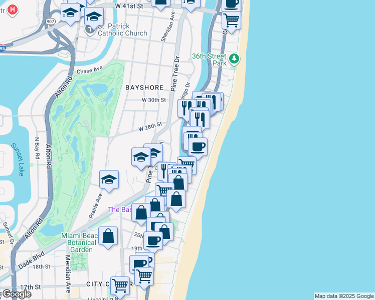 map of restaurants, bars, coffee shops, grocery stores, and more near in Miami Beach