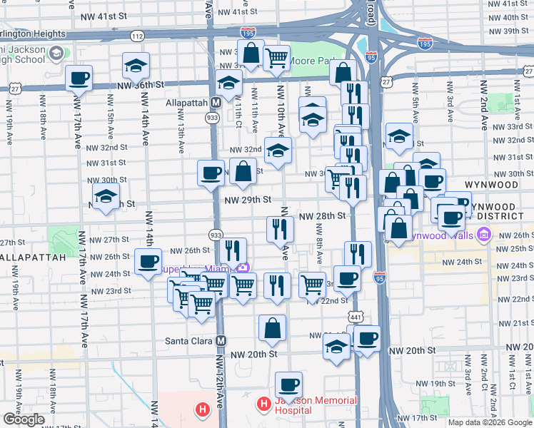 map of restaurants, bars, coffee shops, grocery stores, and more near 1054 Northwest 29th Street in Miami