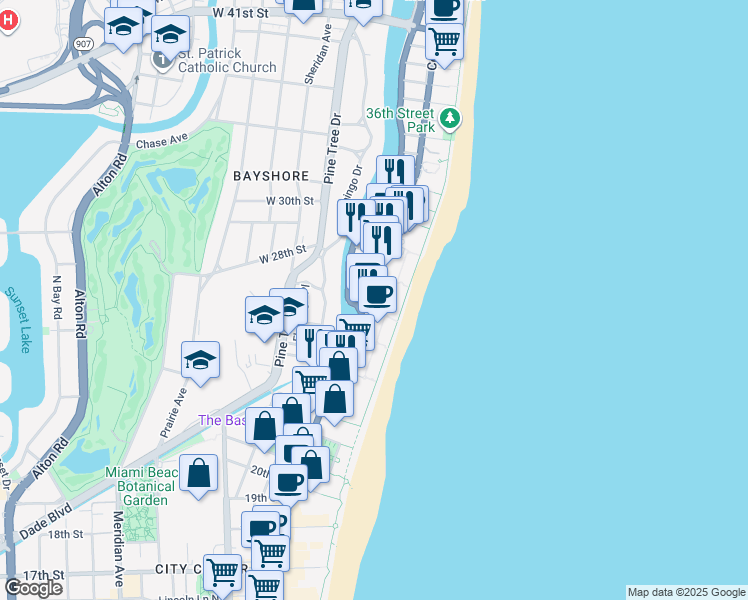 map of restaurants, bars, coffee shops, grocery stores, and more near in Miami Beach