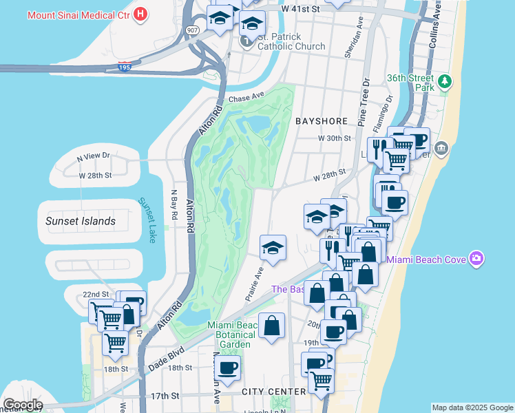 map of restaurants, bars, coffee shops, grocery stores, and more near 2455 Meridian Avenue in Miami Beach
