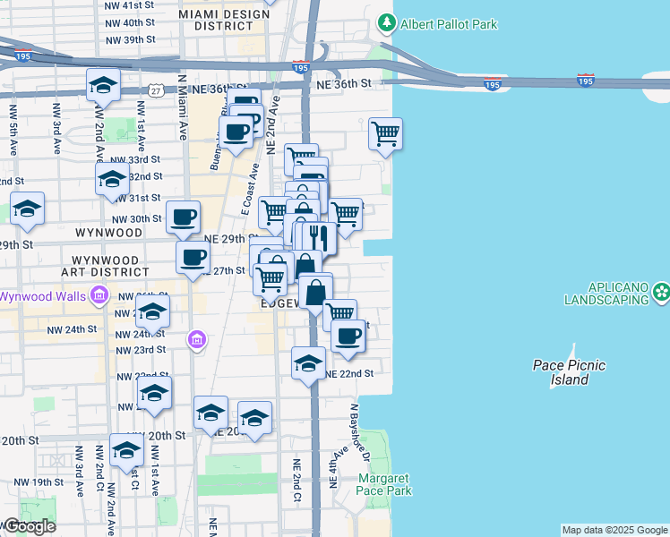 map of restaurants, bars, coffee shops, grocery stores, and more near 333 Northeast 27th Street in Miami