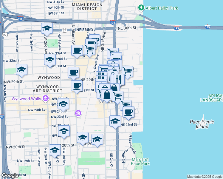 map of restaurants, bars, coffee shops, grocery stores, and more near 251 Northeast 27th Street in Miami