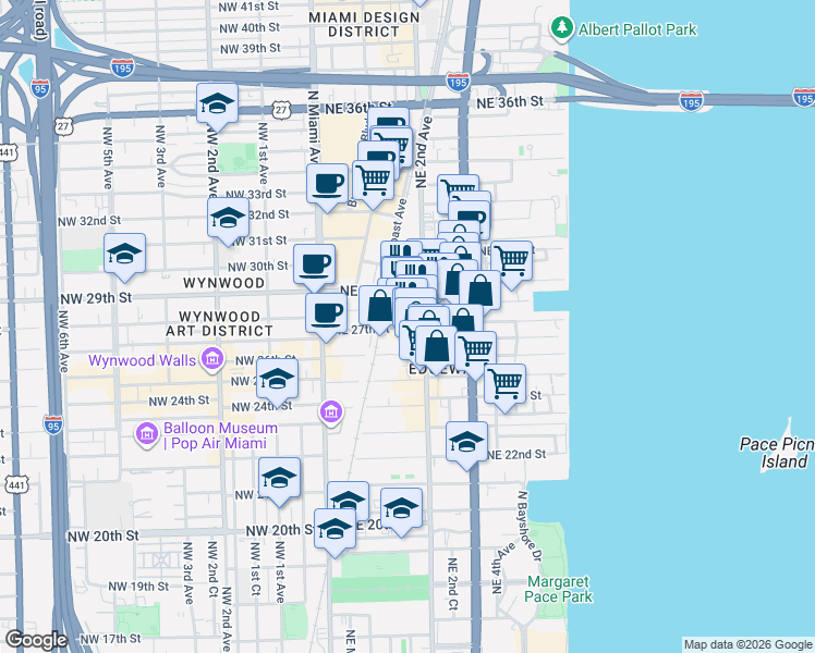 map of restaurants, bars, coffee shops, grocery stores, and more near 161 Northeast 27th Street in Miami