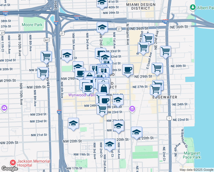 map of restaurants, bars, coffee shops, grocery stores, and more near 197 Northwest 28th Street in Miami