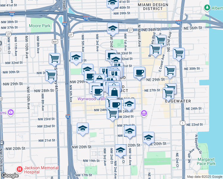 map of restaurants, bars, coffee shops, grocery stores, and more near 197 Northwest 28th Street in Miami