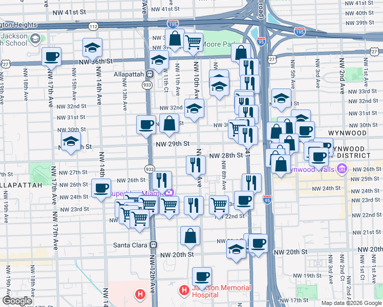 map of restaurants, bars, coffee shops, grocery stores, and more near 1054 Northwest 29th Street in Miami