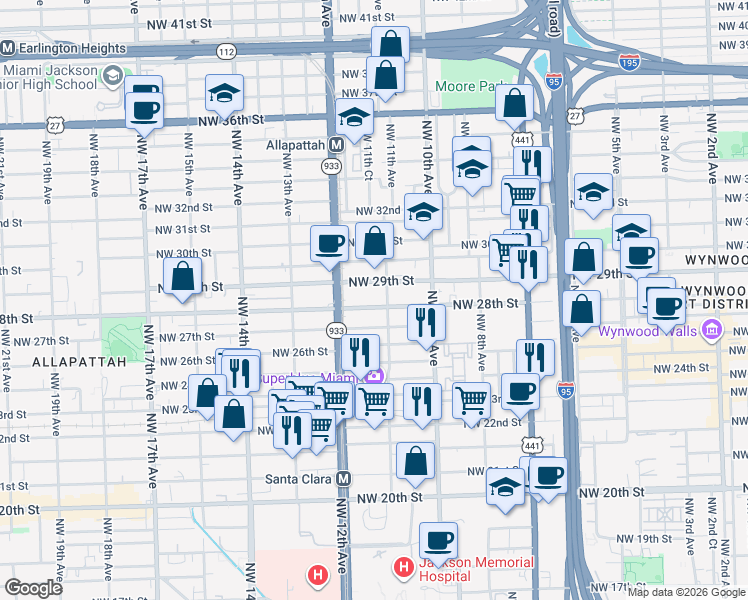 map of restaurants, bars, coffee shops, grocery stores, and more near 1128 Northwest 29th Street in Miami