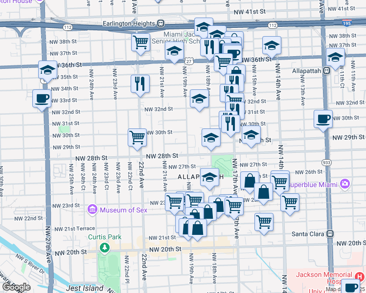 map of restaurants, bars, coffee shops, grocery stores, and more near 2891 Northwest 19th Avenue in Miami