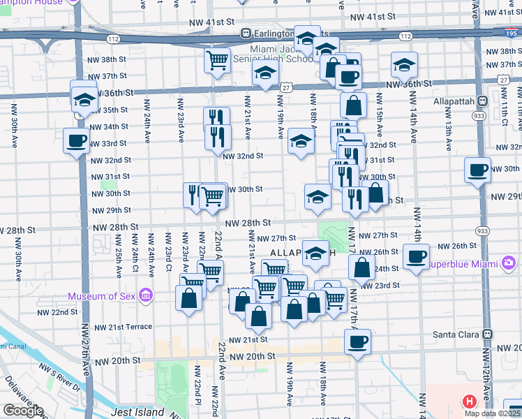 map of restaurants, bars, coffee shops, grocery stores, and more near 2015 Northwest 29th Street in Miami