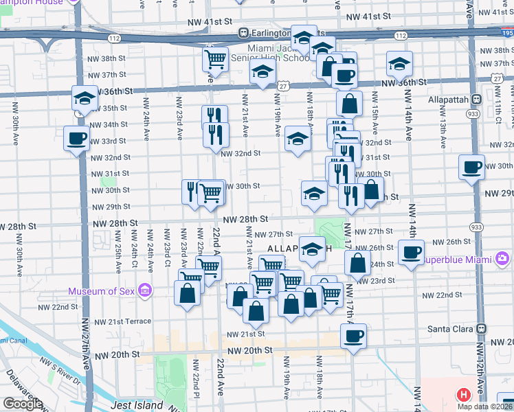 map of restaurants, bars, coffee shops, grocery stores, and more near 2015 Northwest 29th Street in Miami