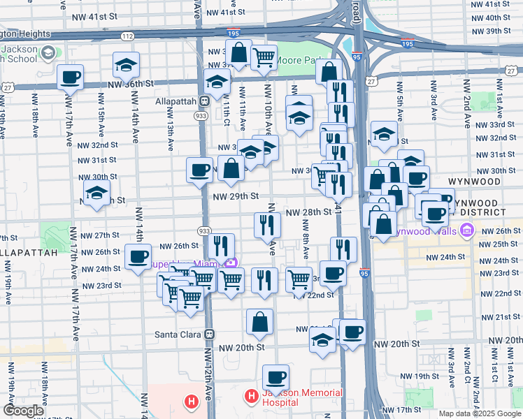 map of restaurants, bars, coffee shops, grocery stores, and more near 1054 Northwest 29th Street in Miami