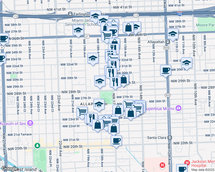 map of restaurants, bars, coffee shops, grocery stores, and more near 1740 Northwest 29th Street in Miami