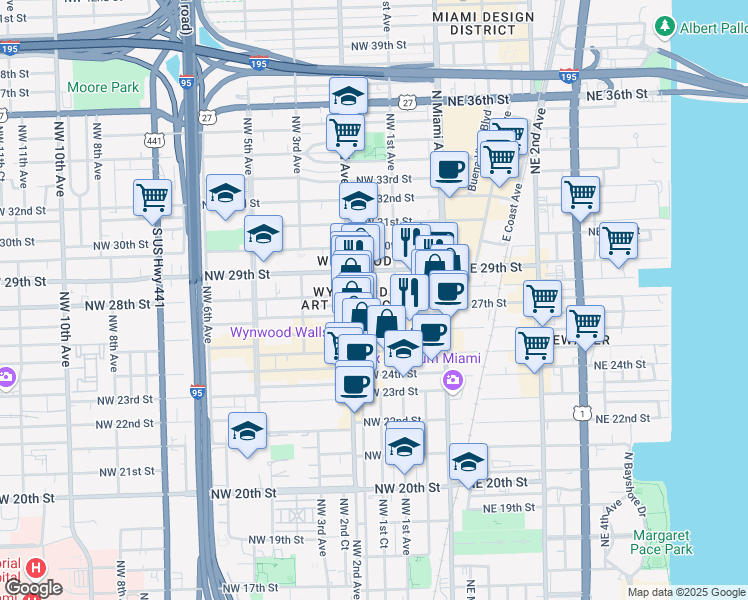 map of restaurants, bars, coffee shops, grocery stores, and more near 111 Northwest 28th Street in Miami