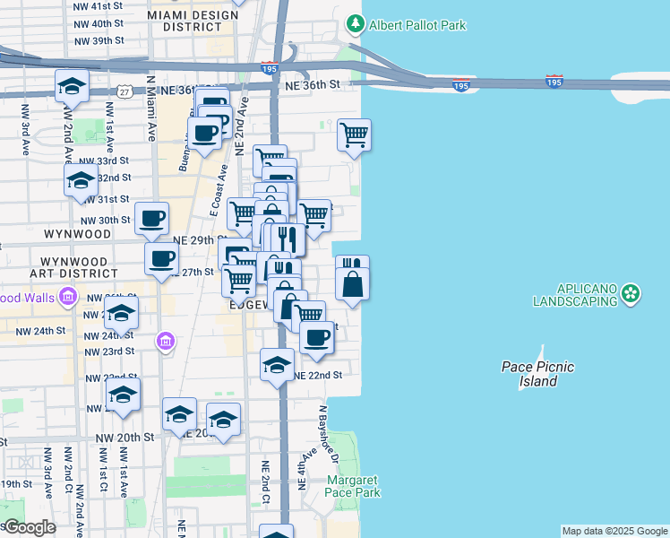 map of restaurants, bars, coffee shops, grocery stores, and more near 511 Northeast 27th Street in Miami