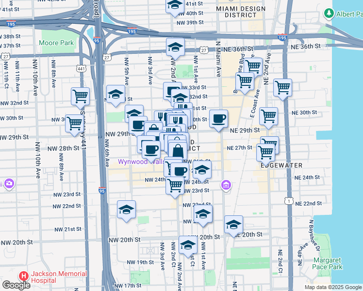 map of restaurants, bars, coffee shops, grocery stores, and more near 197 Northwest 28th Street in Miami