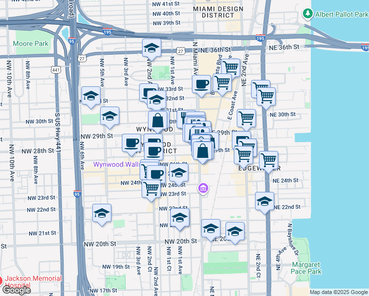map of restaurants, bars, coffee shops, grocery stores, and more near 46 Northwest 28th Street in Miami
