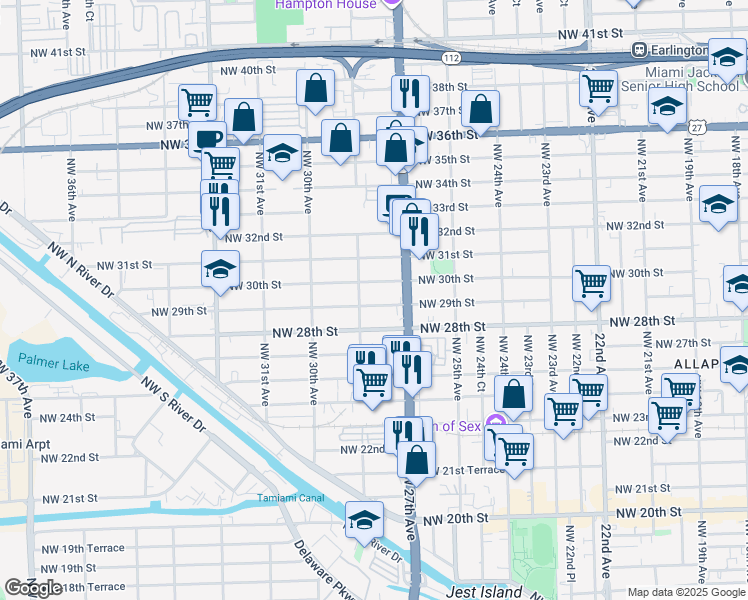 map of restaurants, bars, coffee shops, grocery stores, and more near 2741 Northwest 29th Street in Miami
