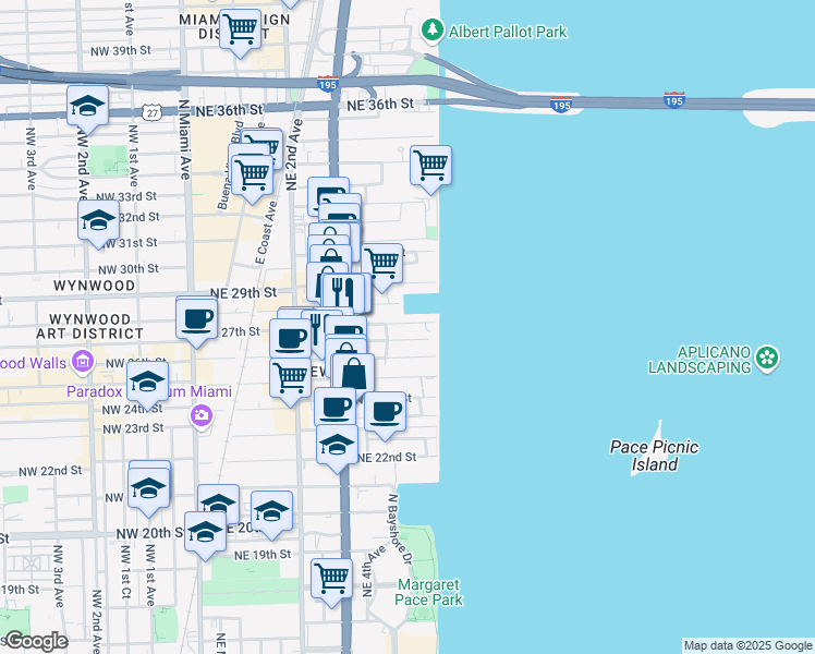 map of restaurants, bars, coffee shops, grocery stores, and more near 511 Northeast 27th Street in Miami