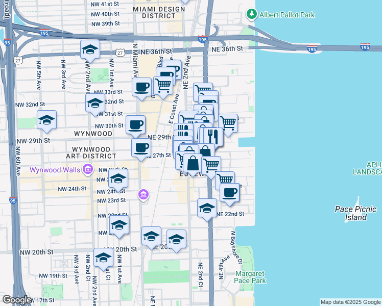 map of restaurants, bars, coffee shops, grocery stores, and more near 251 Northeast 27th Street in Miami