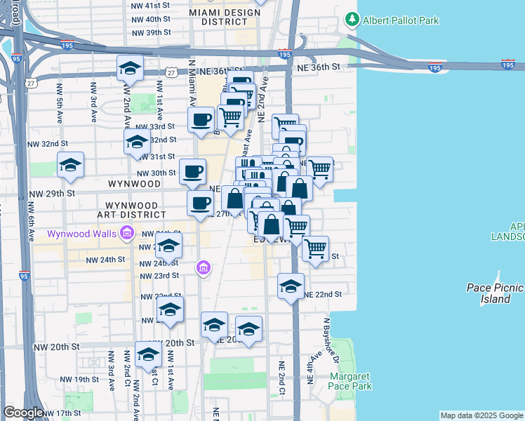 map of restaurants, bars, coffee shops, grocery stores, and more near 161 Northeast 27th Street in Miami