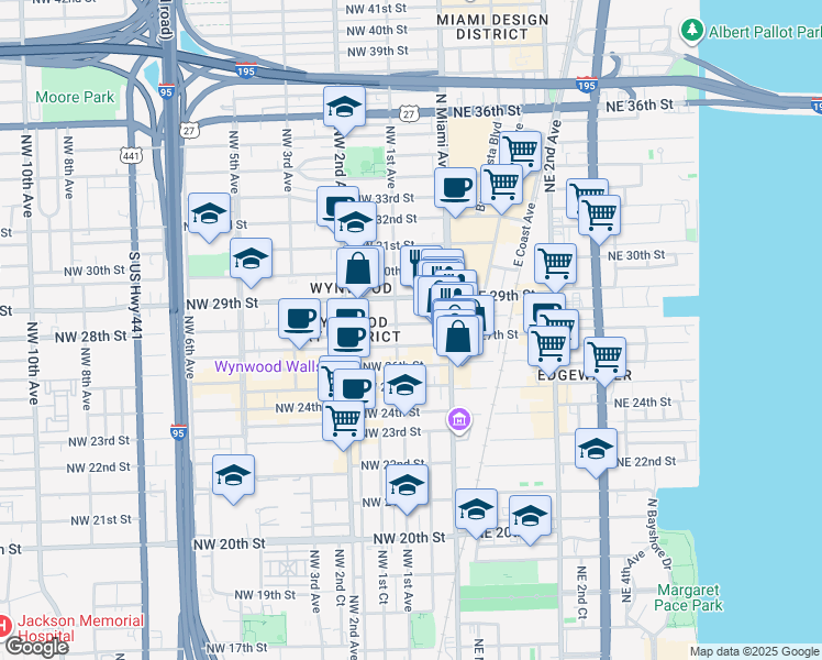 map of restaurants, bars, coffee shops, grocery stores, and more near 46 Northwest 28th Street in Miami
