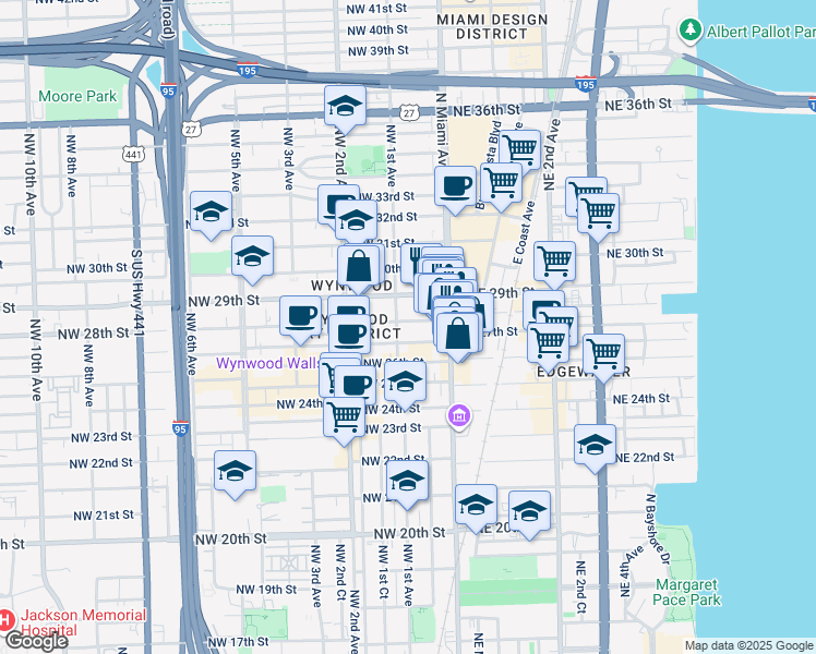 map of restaurants, bars, coffee shops, grocery stores, and more near 46 Northwest 28th Street in Miami