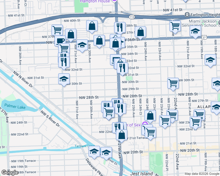 map of restaurants, bars, coffee shops, grocery stores, and more near 2741 Northwest 29th Street in Miami