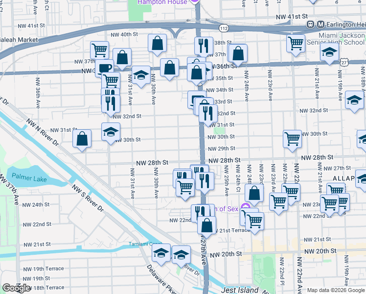 map of restaurants, bars, coffee shops, grocery stores, and more near 2741 Northwest 29th Street in Miami