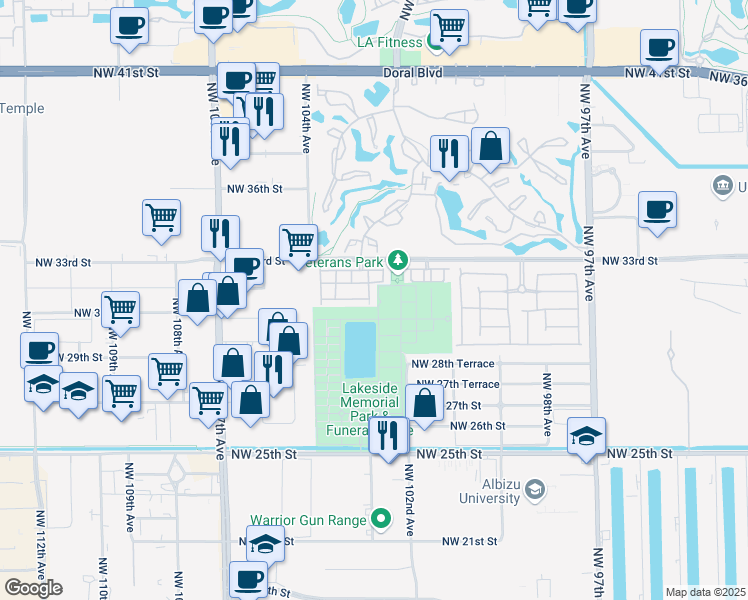 map of restaurants, bars, coffee shops, grocery stores, and more near 3129 Northwest 102nd Path in Doral