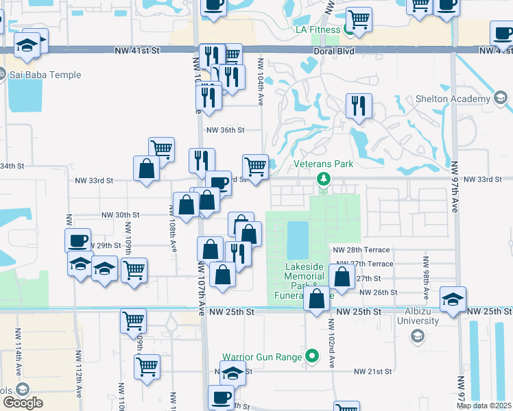 map of restaurants, bars, coffee shops, grocery stores, and more near 10418 Northwest 31st Terrace in Doral
