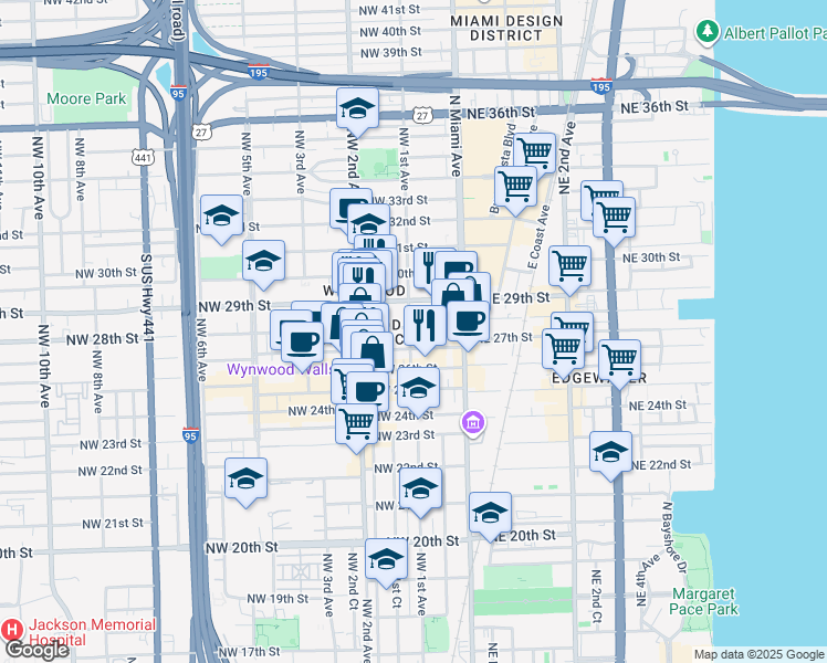 map of restaurants, bars, coffee shops, grocery stores, and more near 111 Northwest 28th Street in Miami