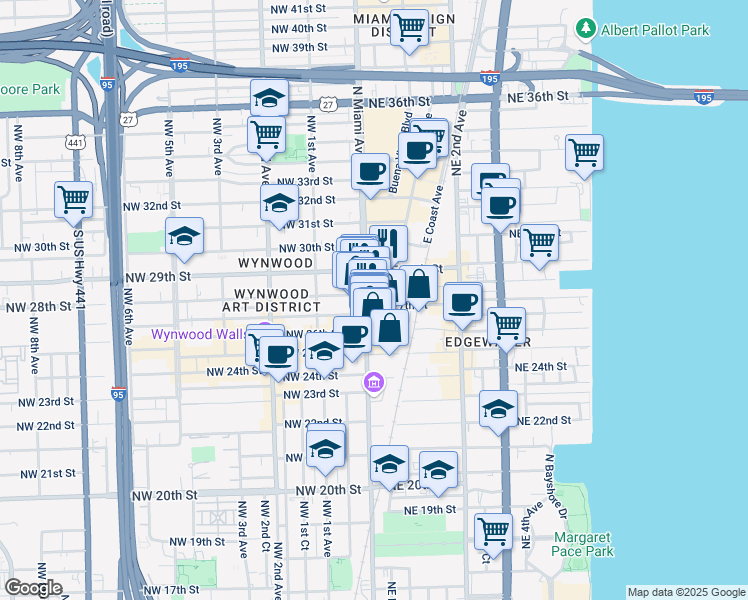 map of restaurants, bars, coffee shops, grocery stores, and more near in Miami