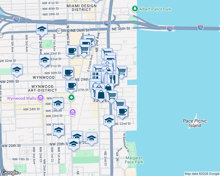 map of restaurants, bars, coffee shops, grocery stores, and more near Biscayne Blvd & NE 27th St in Miami