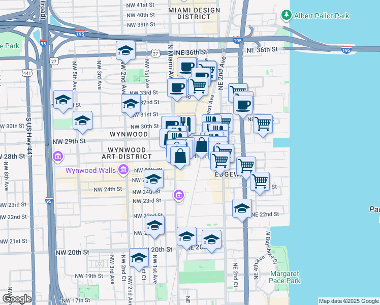 map of restaurants, bars, coffee shops, grocery stores, and more near 45 Northeast 27th Street in Miami