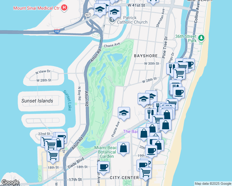 map of restaurants, bars, coffee shops, grocery stores, and more near 2455 Meridian Avenue in Miami Beach