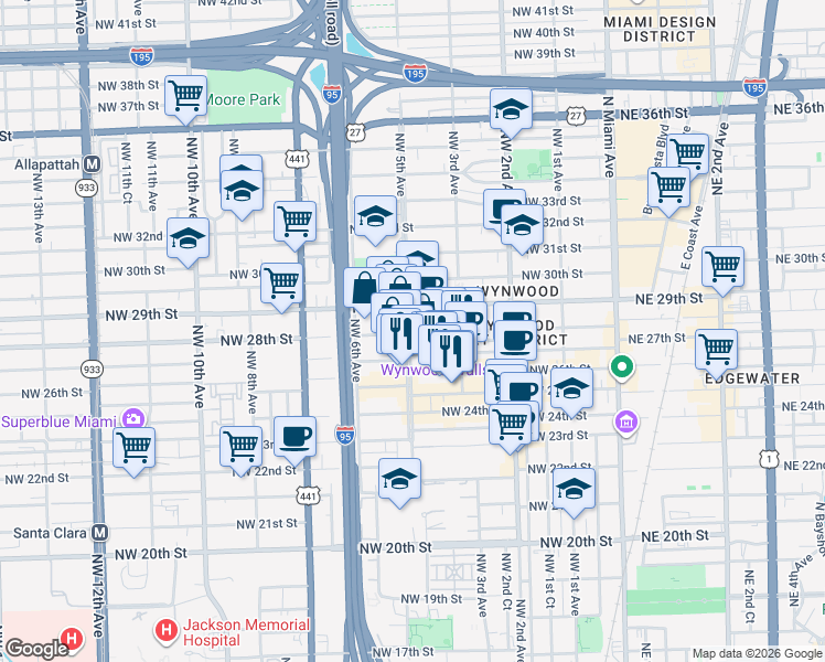 map of restaurants, bars, coffee shops, grocery stores, and more near 280 Northwest 28th Street in Miami