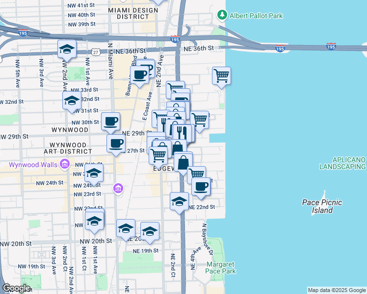 map of restaurants, bars, coffee shops, grocery stores, and more near 333 Northeast 27th Street in Miami