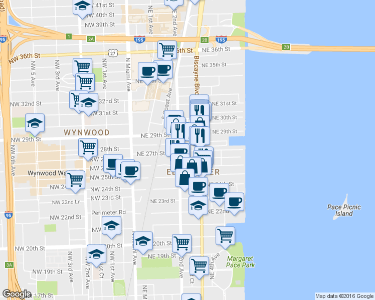 map of restaurants, bars, coffee shops, grocery stores, and more near 251 Northeast 27th Street in Miami