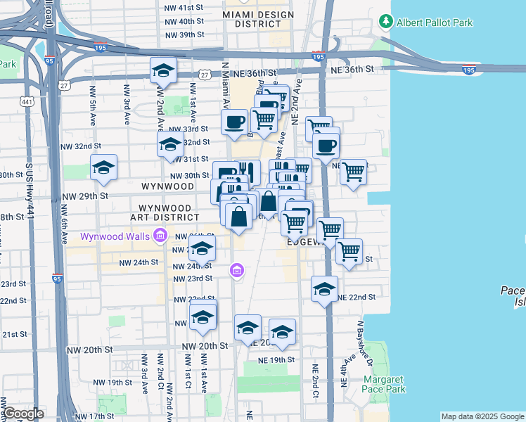 map of restaurants, bars, coffee shops, grocery stores, and more near 89 Northeast 27th Street in Miami